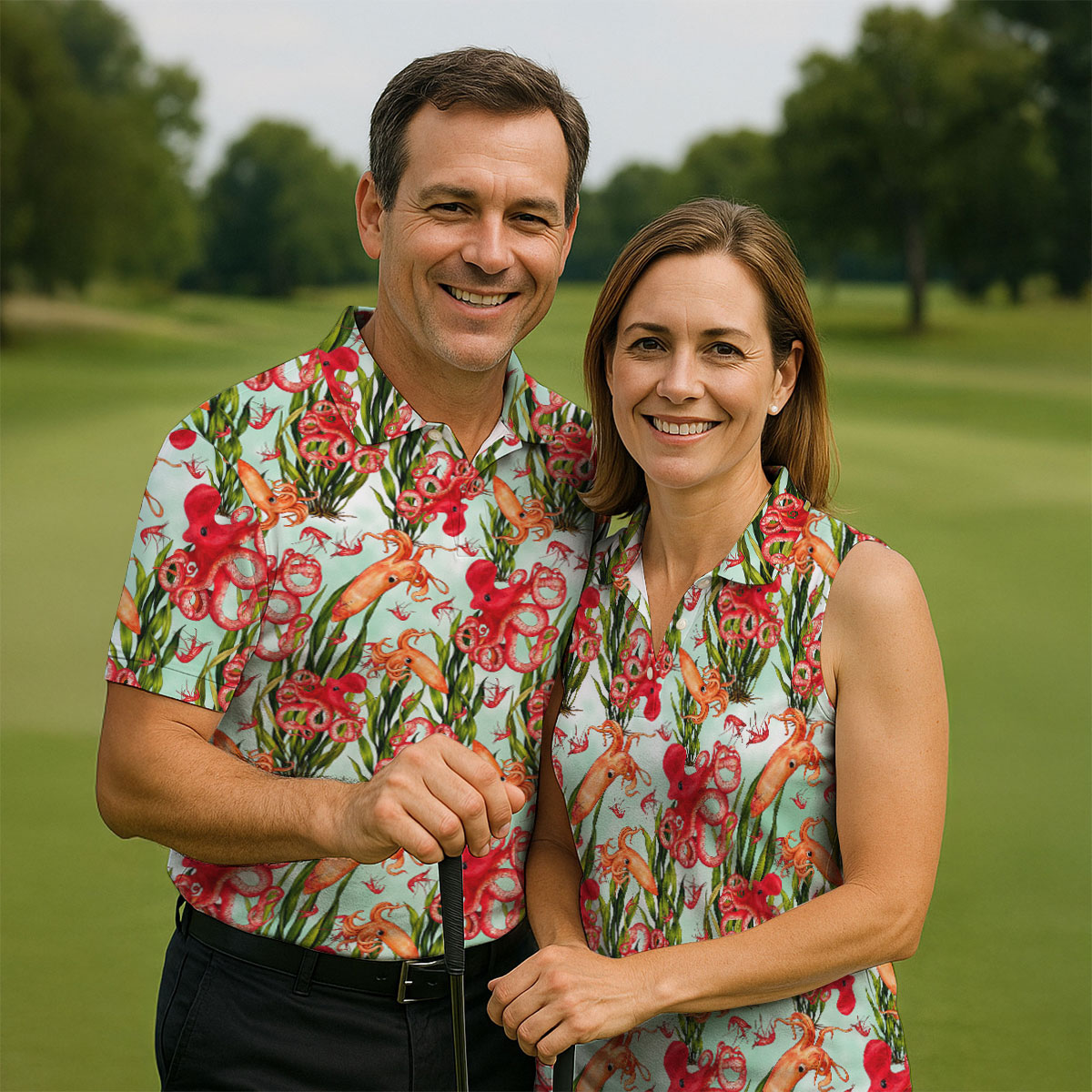 Tropical Cephalopods Among Seaweed  Hawaiian Golf Polo, Golf Tops For Men, Golfing Apparel