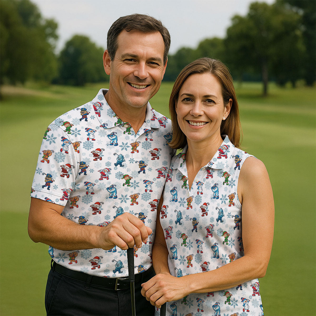 Christmas Characters Golf Pose Men's Funny Golf Shirts, Christmas Golf Shirt, Polo Shirts For Men