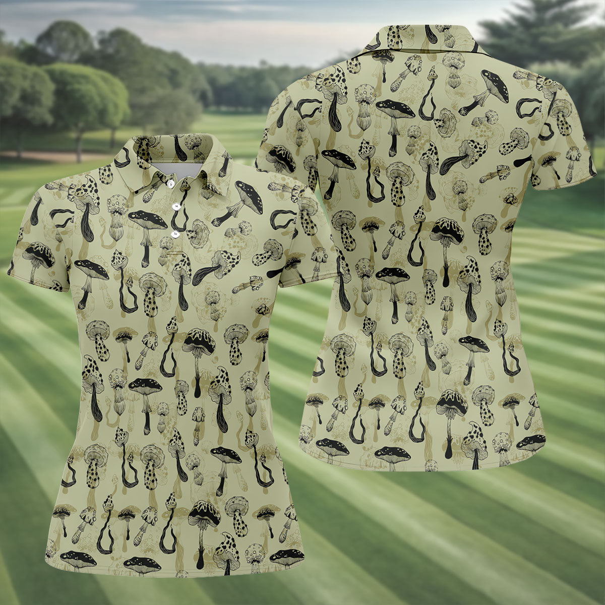 Mushroom Pattern Hand-drawn Art Hawaiian Golf Shirt, Women's Golf Tops, Ladies Golf Shirts
