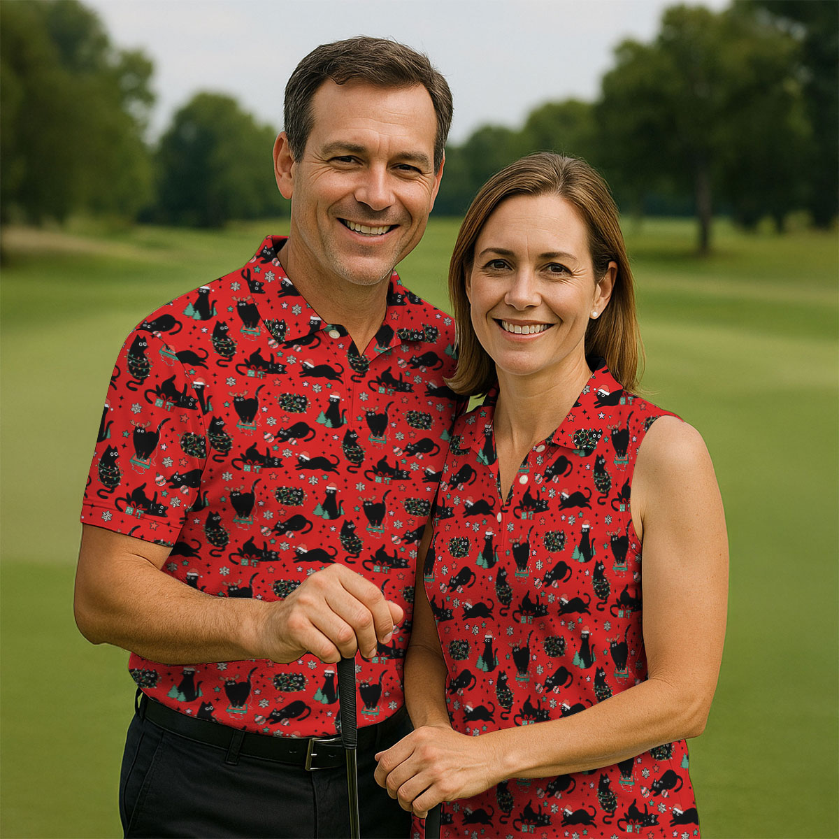 Xmas Black Cat Red Golf Shirt, Polo Shirts For Men, Christmas Golf Shirt, Golf Gift For Men, Christmas Golf Gift