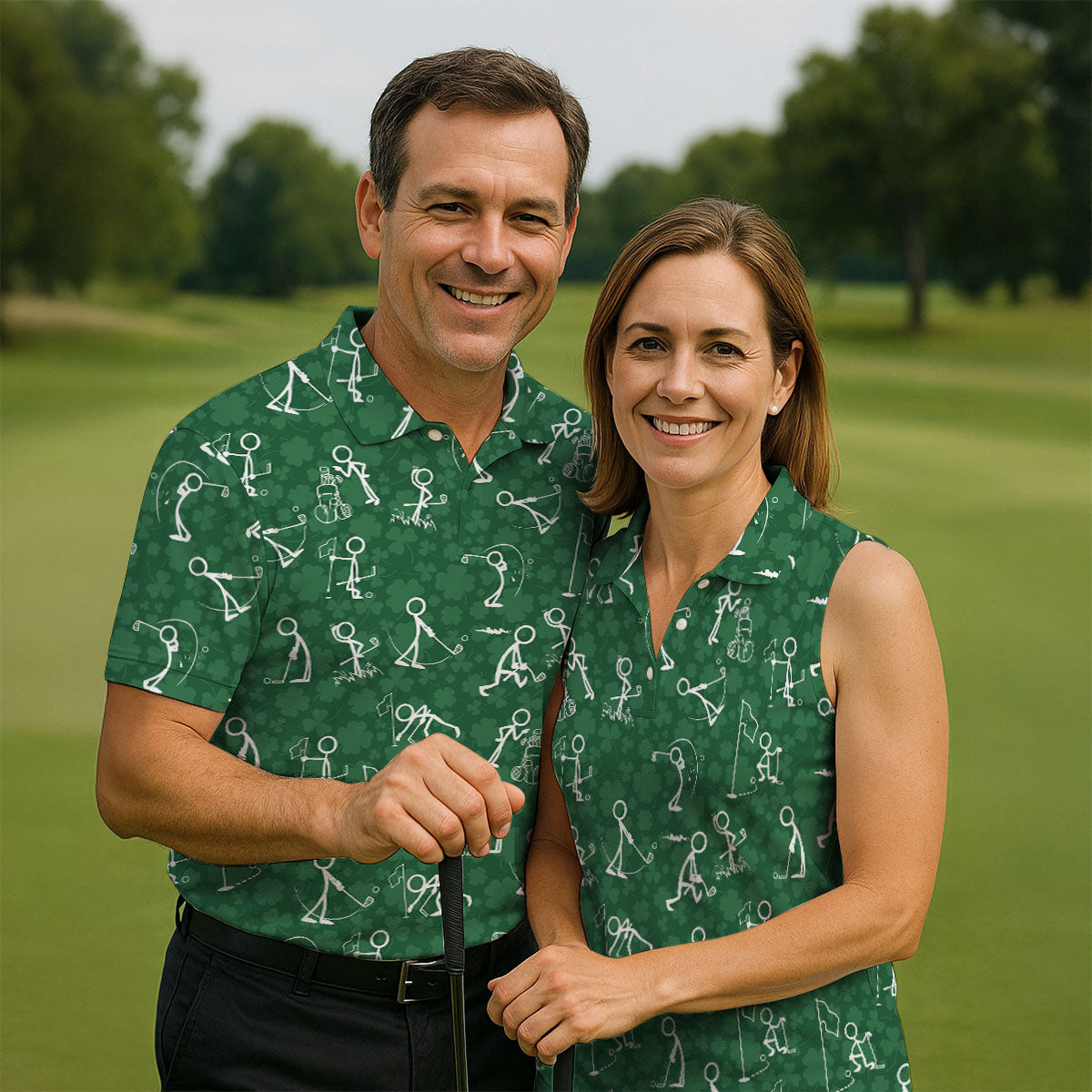 Stick Figure Golf Pose Shamrock Golf Shirt, St Patrick's Day Golf Tops For Men, Polo Shirts For Men