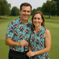 Aqua Blue Bigfoot Beach Party Hawaiian Golf Shirt, Women's Golf Tops, Ladies Golf Shirts