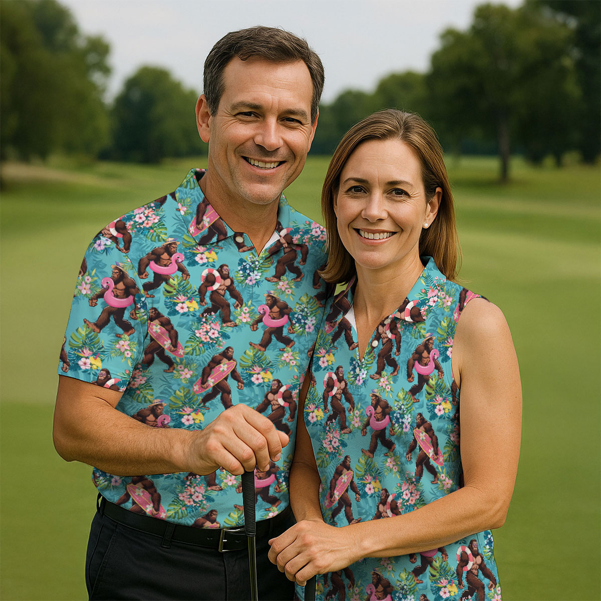Aqua Blue Bigfoot Beach Party Hawaiian Golf Shirt, Women's Golf Tops, Ladies Golf Shirts