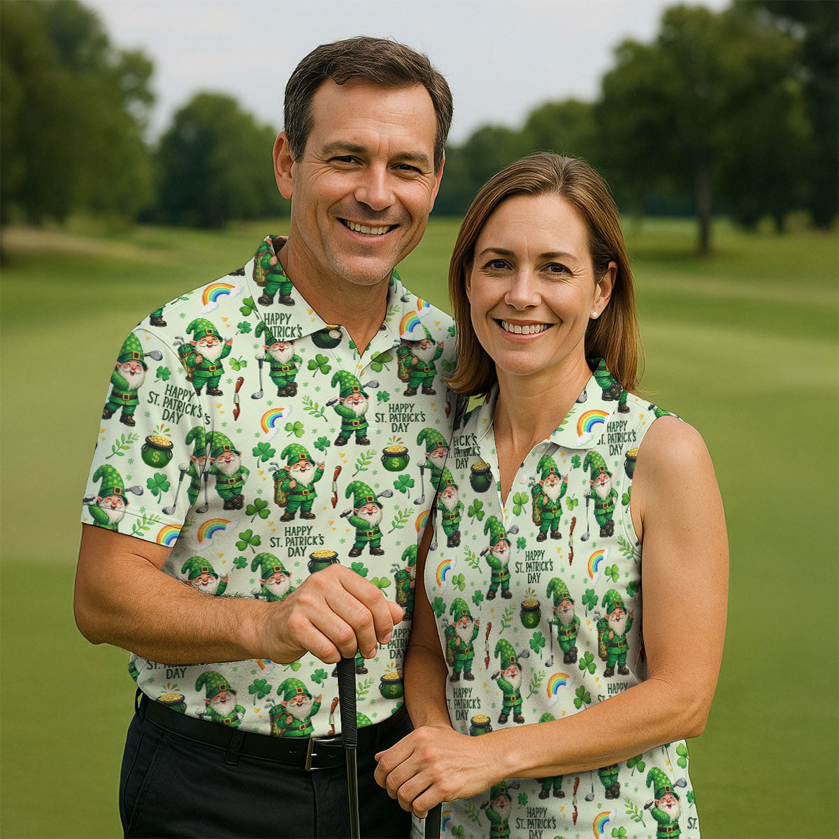 Happy St Patrick's Day Gnomes Shamrock Golf Shirt, Men's Funny Golf Shirts, Golf Shirts For Men