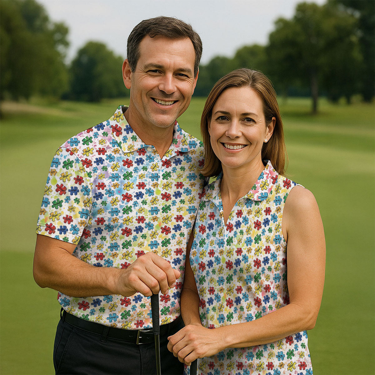 Autism Awareness Jigsaw Puzzle Pieces Rainbow Paint Splatter Men's Golf Shirt, Polo Shirts For Men