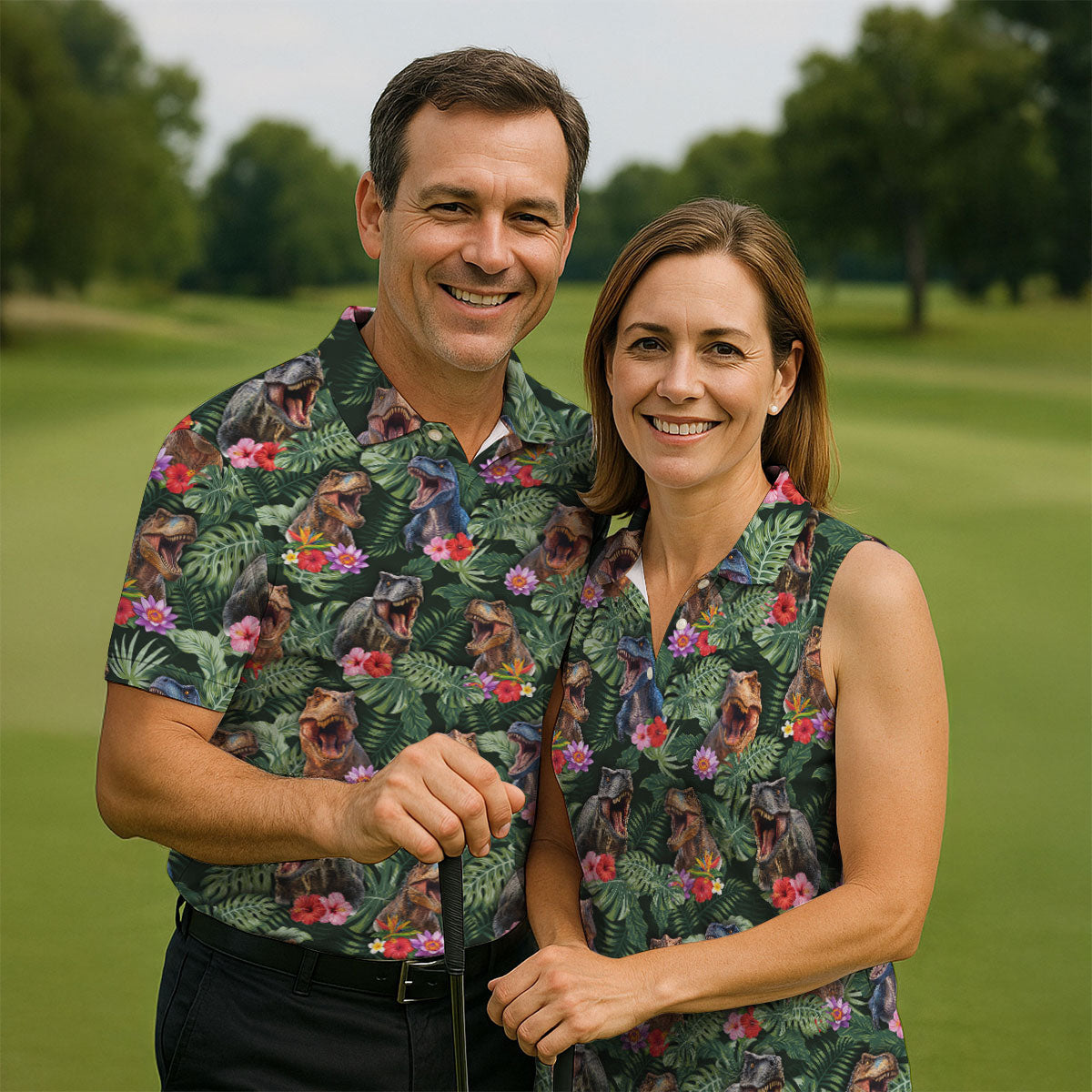 Tropical T Rex Floral Pattern Hawaiian Golf Polo, Golf Tops For Women, Golfing Apparel