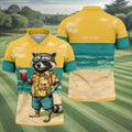 Cool Raccoon Tropical Yellow Hawaiian Golf Polo, Golf Tops For Men, Golfing Apparel