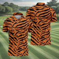 Bold Orange Black Tiger Stripe Animal Print Golf Shirt, Mens Golf Shirts, Golf Apparel For Men