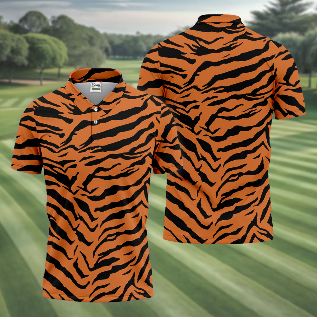 Bold Orange Black Tiger Stripe Animal Print Golf Shirt, Mens Golf Shirts, Golf Apparel For Men