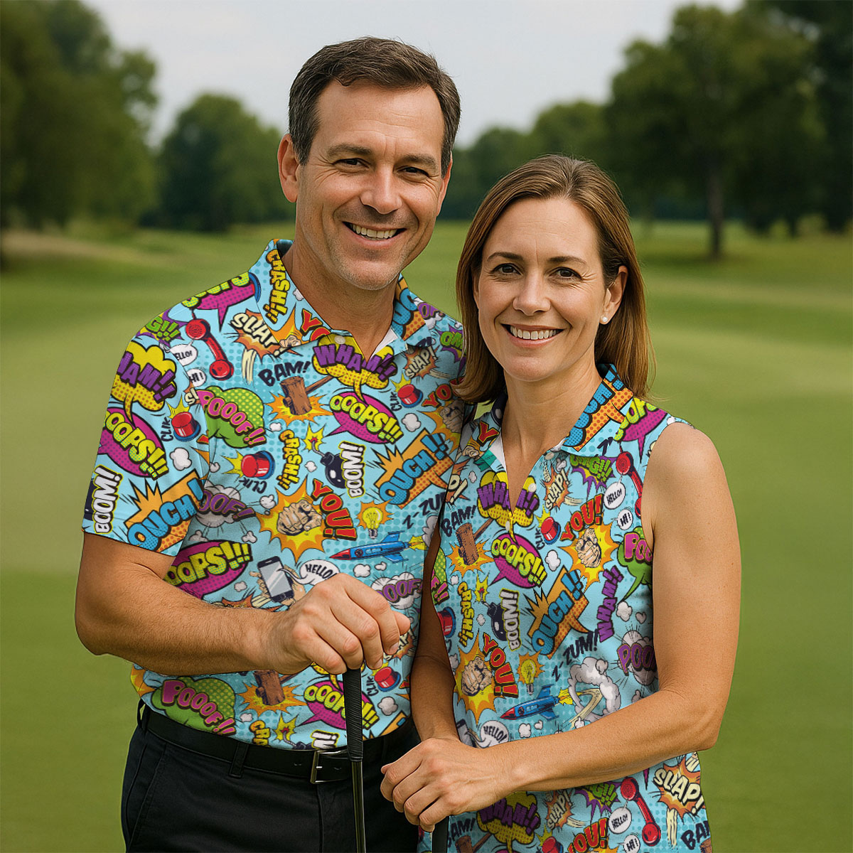 Comic Pattern Hawaiian Golf Shirt, Retro Style Men's Golf Shirt, Polo Shirts For Men