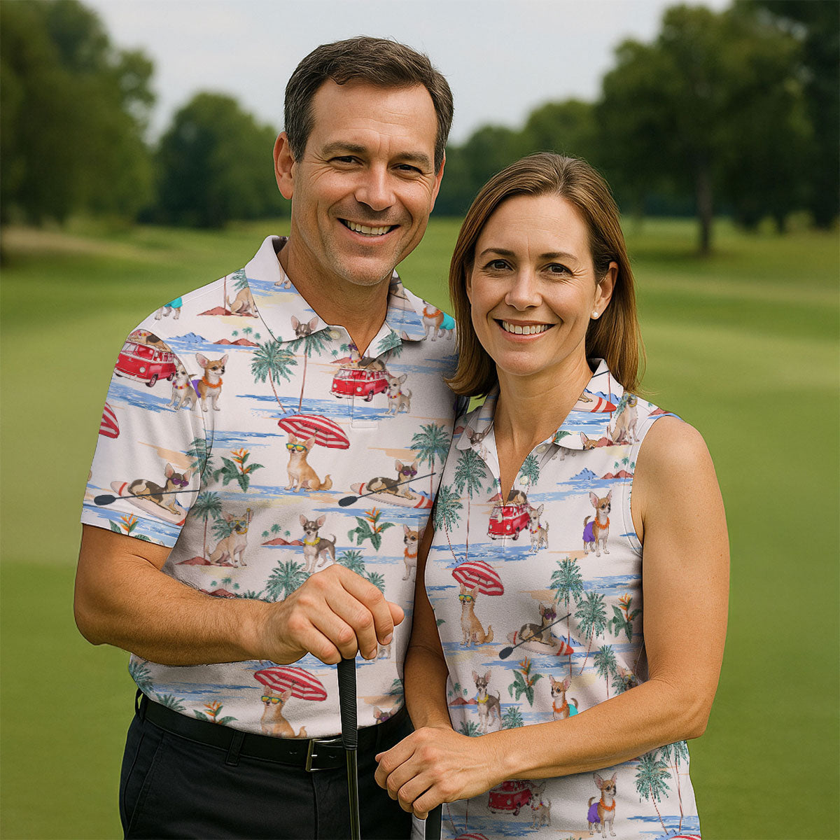 Summer Chihuahua Paradise Pattern Hawaiian Golf Polo, Golf Tops For Men, Golfing Apparel