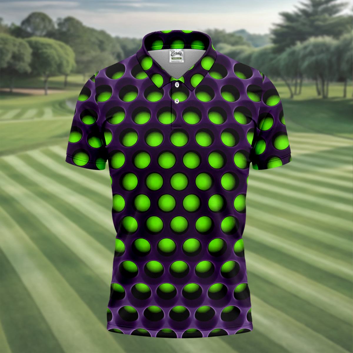 3D Effect Circular Pattern Green Golf Shirt, Cool Golf Outfit, Men's Funny Golf Shirts, Polo Shirts For Men