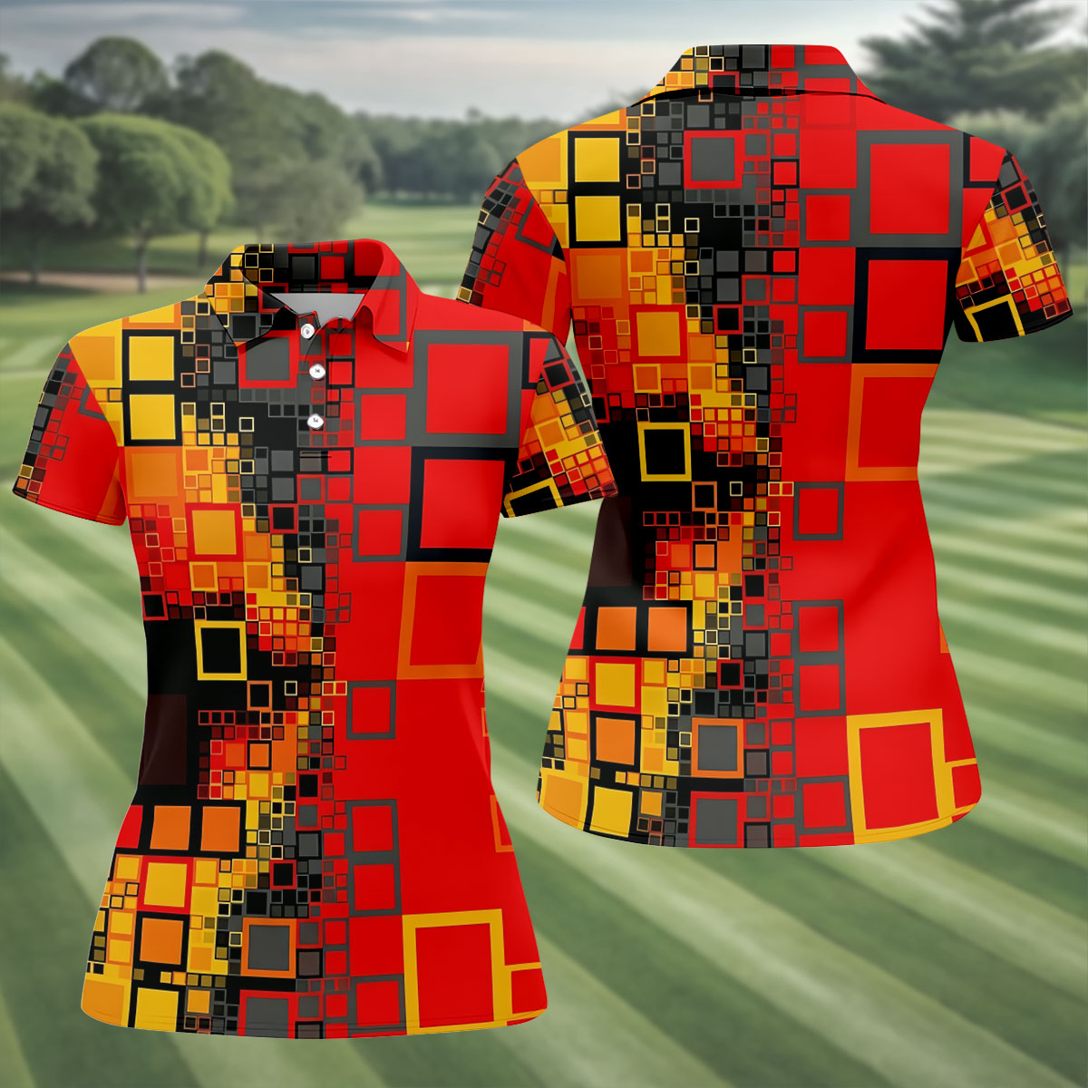 Geometric Abstract Art Hawaiian Golf Shirt, Retro Golf Shirt, Women's Golf Tops, Ladies Golf Shirts