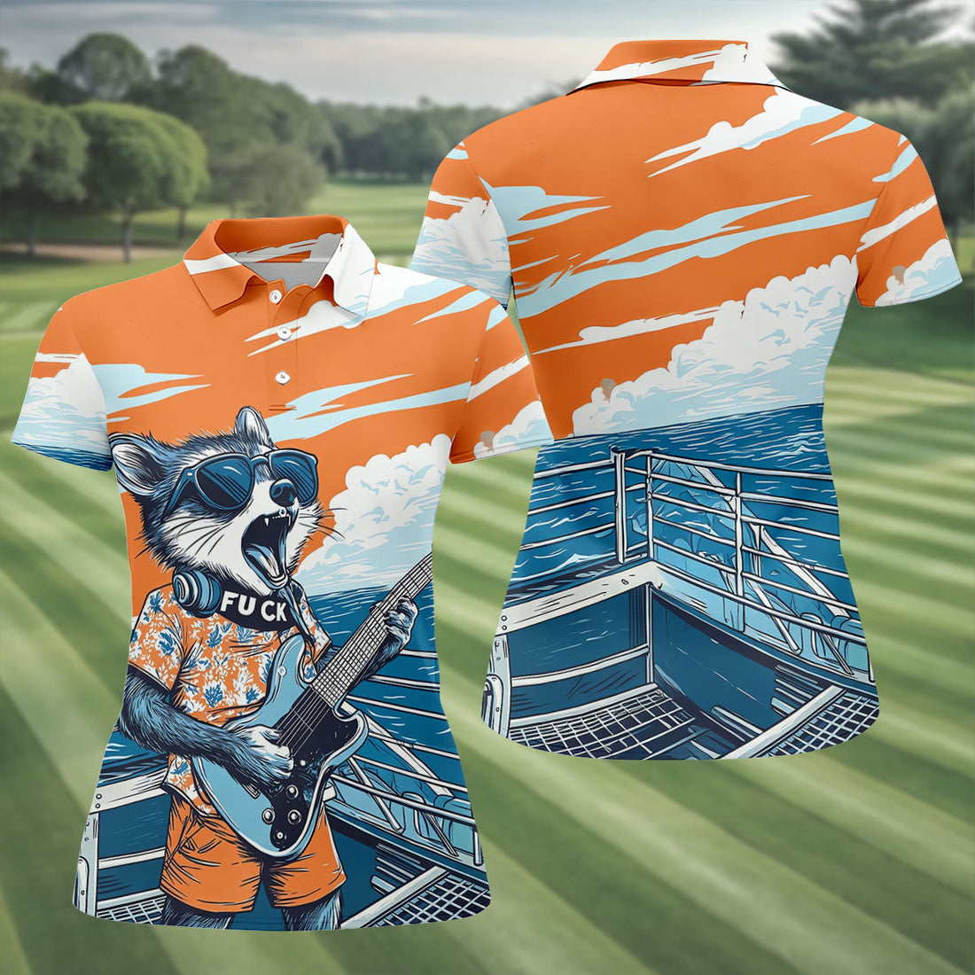 Rockstar Raccoon Ocean Vibes Hawaiian Golf Shirt, Women's Golf Tops, Ladies Golf Shirts