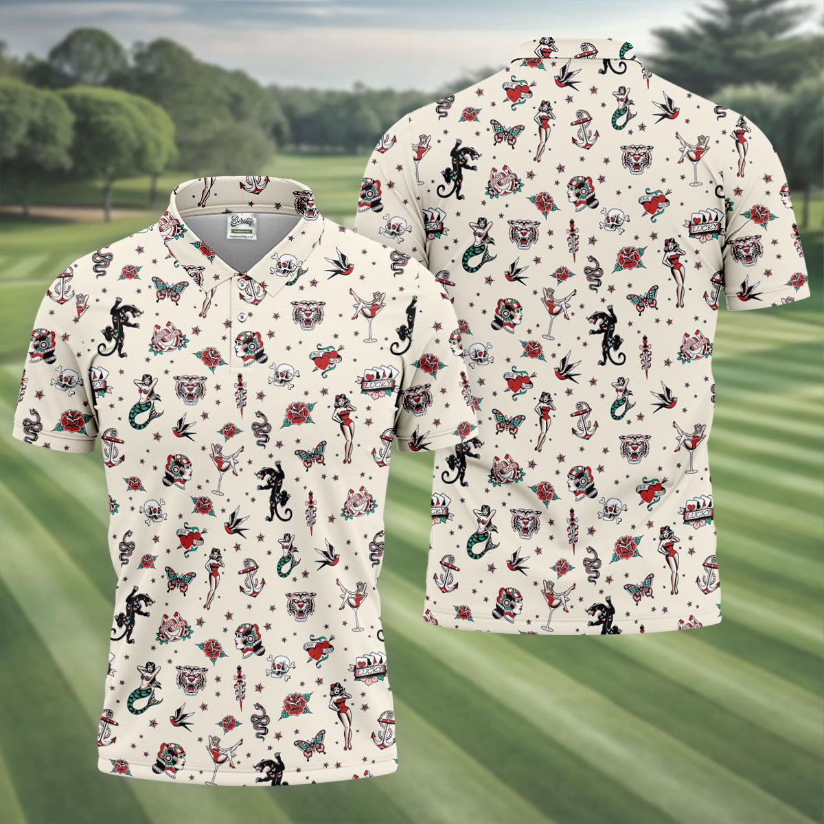 Old School Tattoo Flash Pattern Golf Polo Shirt, Men's Golf Shirt, Printed Golf Shirts