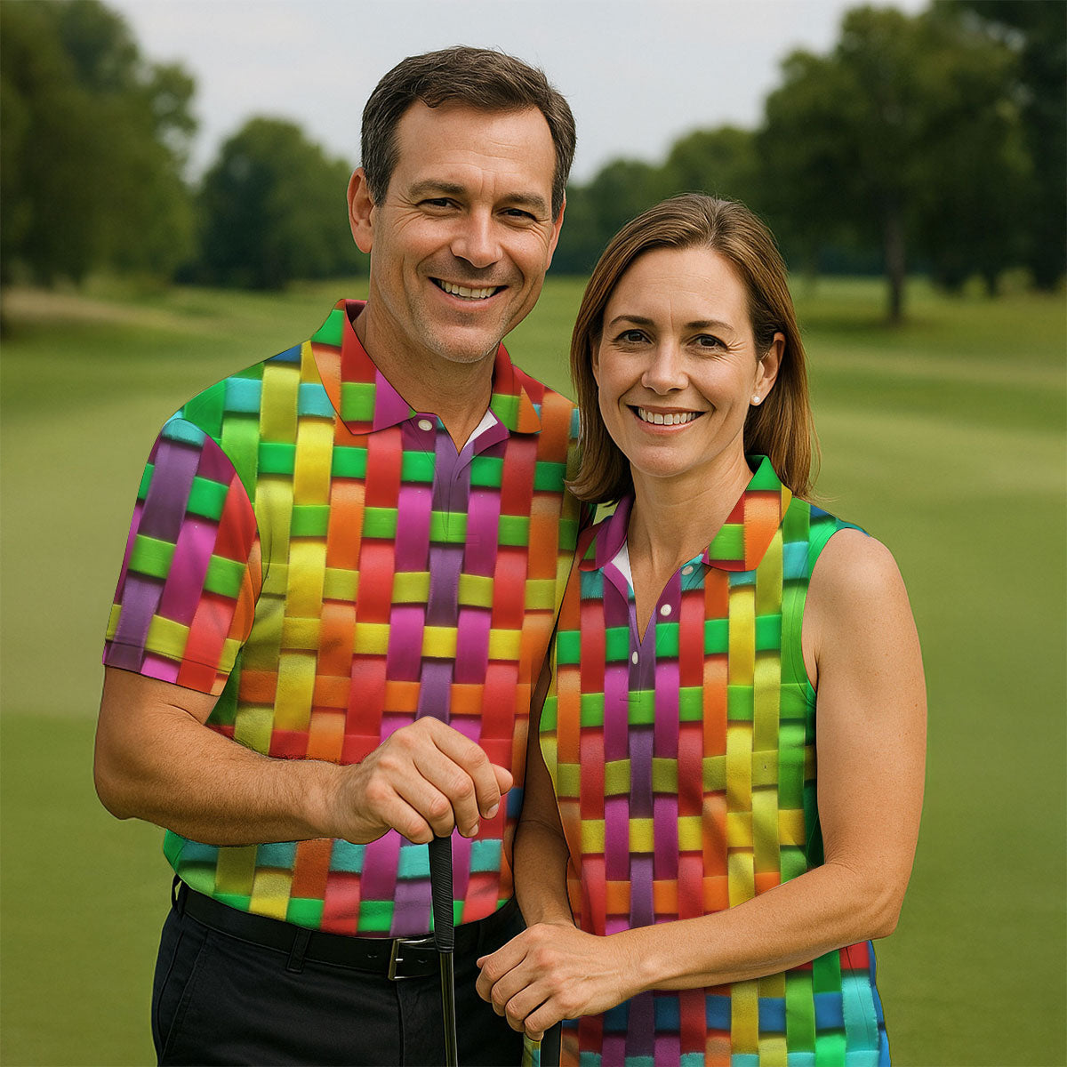 Colorful Interlaced Ribbon Pattern Hawaiian Golf Polo, Golf Tops For Men, Golfing Apparel