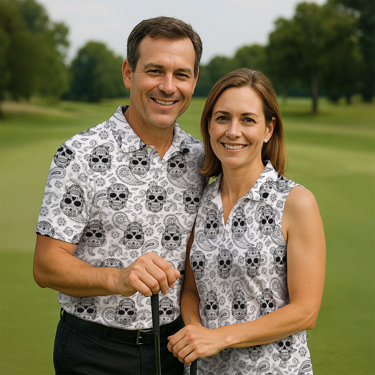 Sugar Skull Paisley Pattern Golf Polo Shirt, Ladies Golf Shirts, Women's Golf Apparel