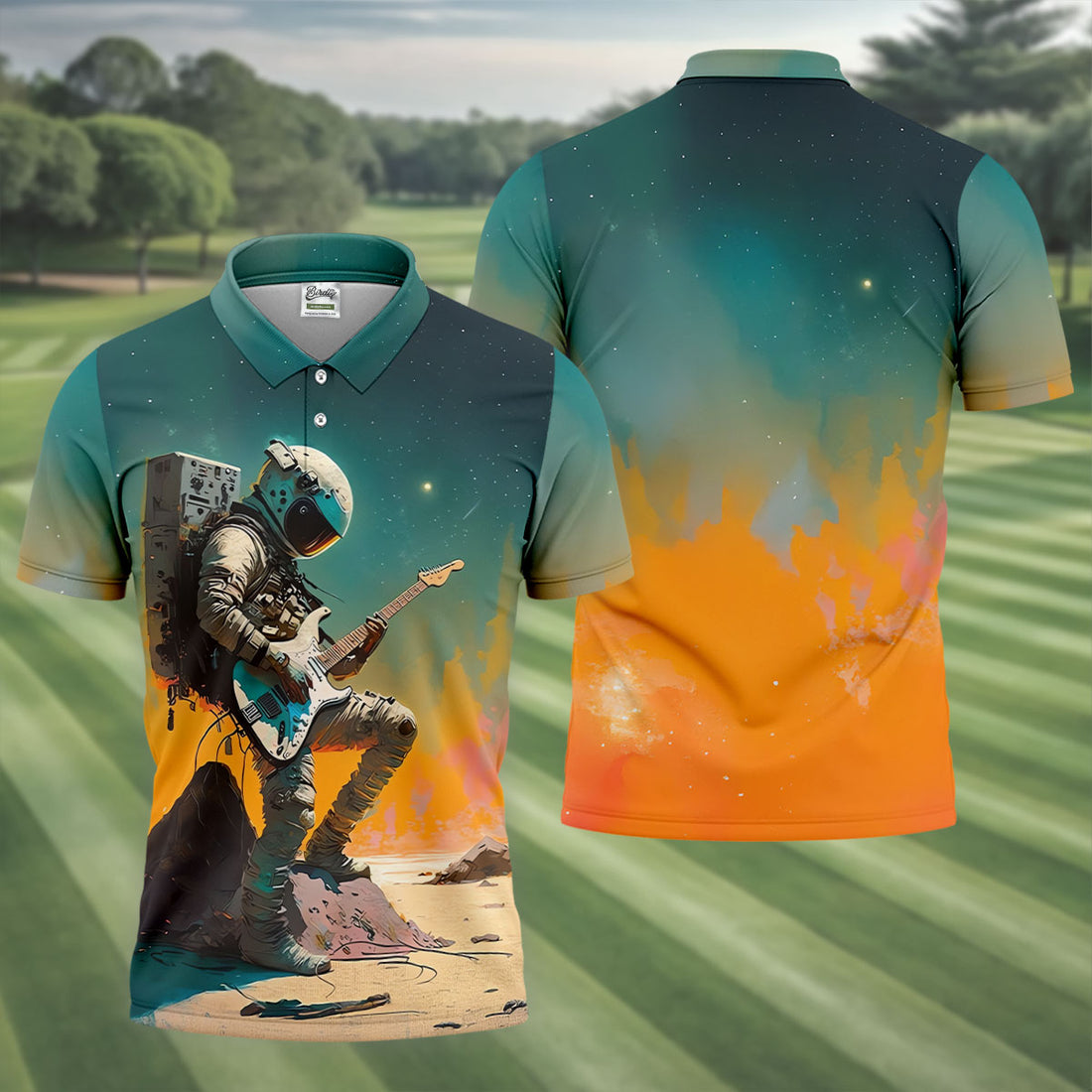 Astronaut Rock Guitar Teal Sunset Hawaiian Golf Polo, Golf Tops For Men, Golfing Apparel