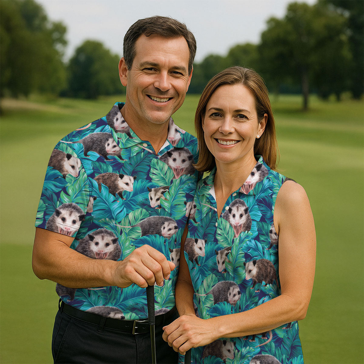 Playful Opossums Among Tropical Leaves Hawaiian Golf Polo, Golf Tops For Men, Golfing Apparel