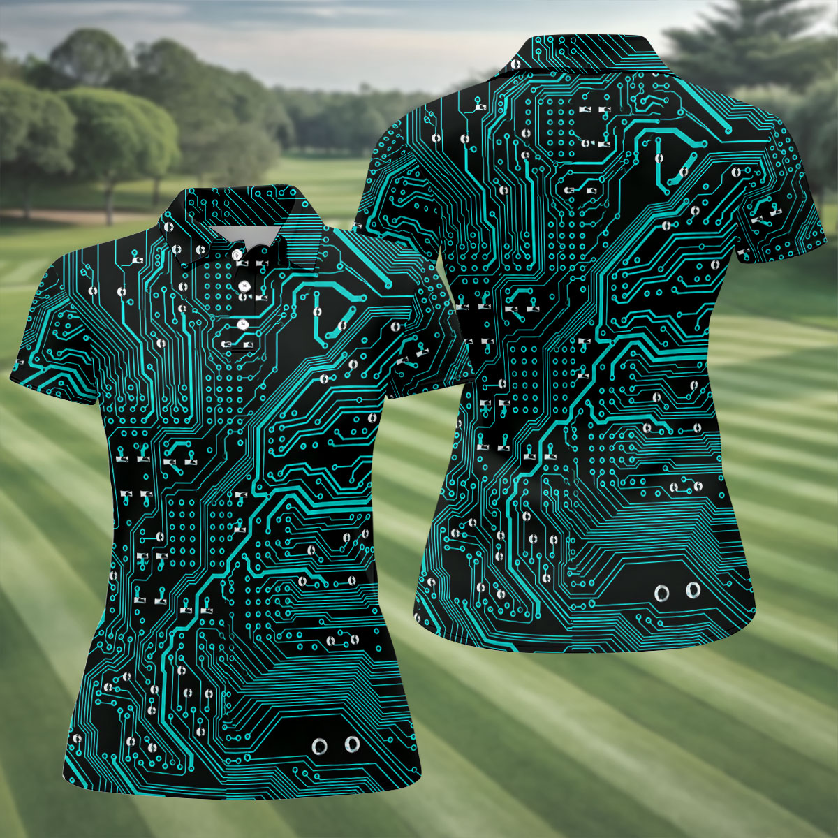 Circuit Board Pattern Hawaiian Golf Shirt, Women's Golf Tops, Ladies Golf Shirts