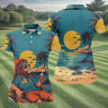 Beach Vibes Lion Sunset Teal Hawaiian Golf Polo, Golf Tops For Women, Golfing Apparel