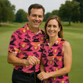 Tropical Cat Sunset Pattern Hawaiian Golf Polo, Golf Tops For Women, Golfing Apparel