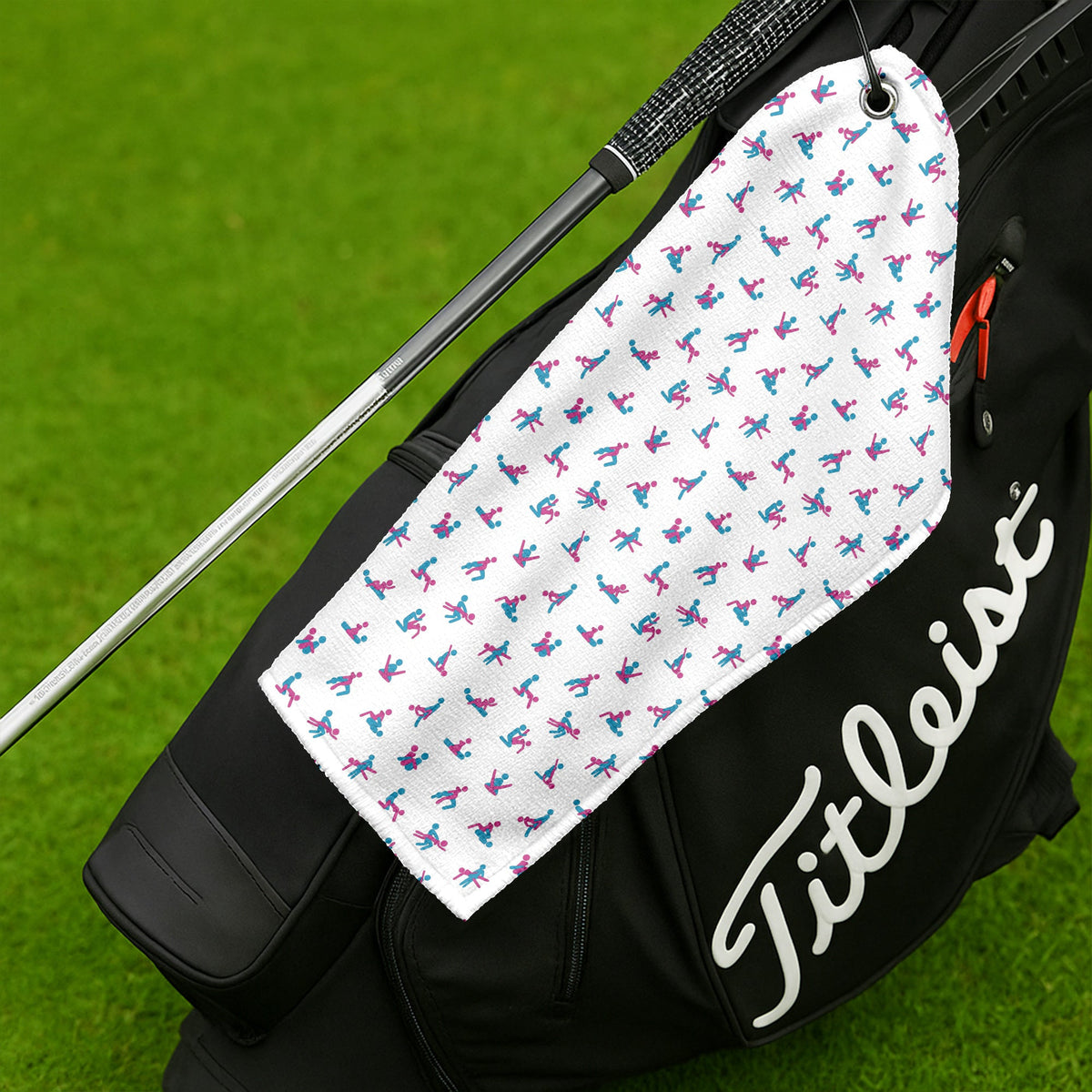 Blue And Pink Naughty Stick People White Golf Towel, Unique Gift For Golfer, Golf Accessories