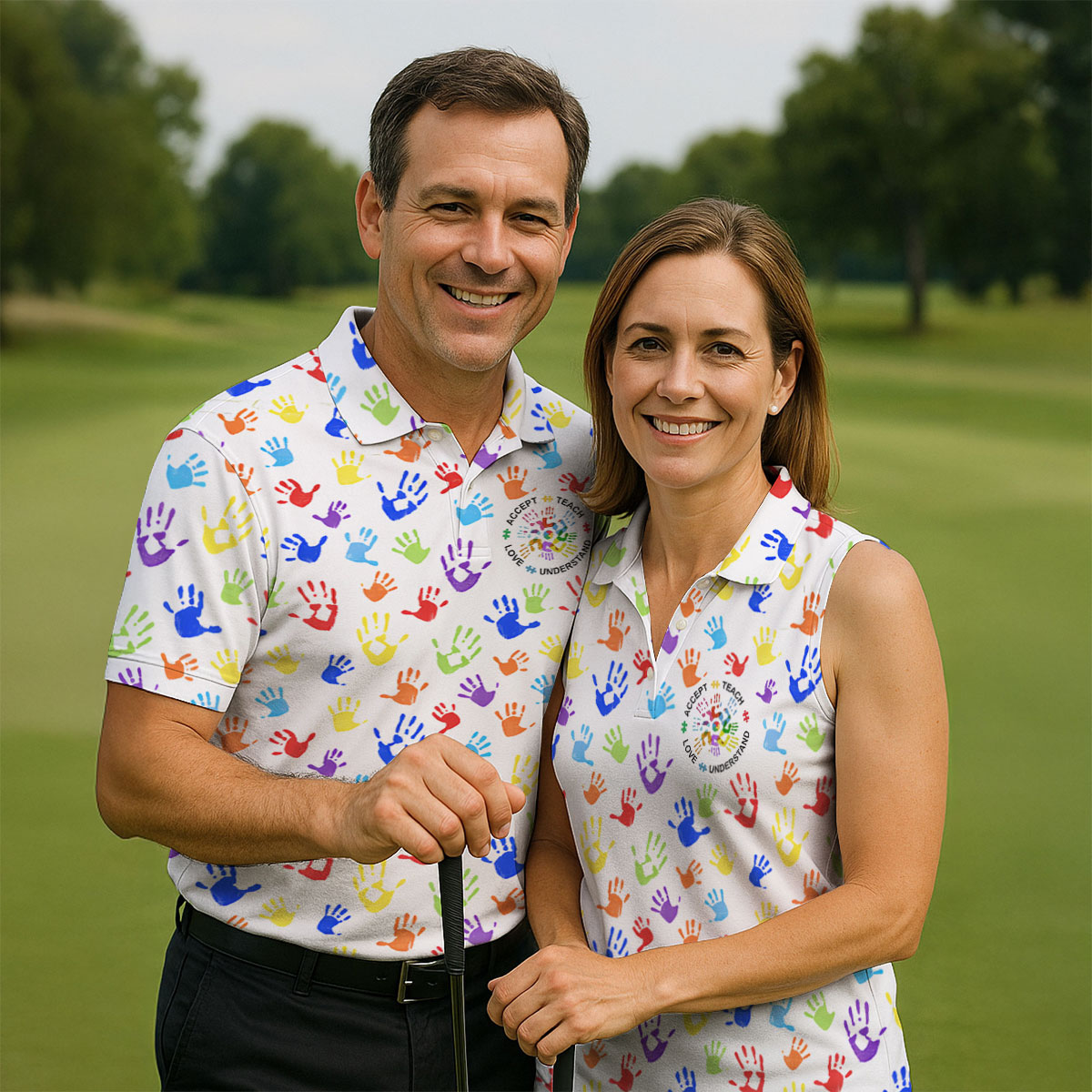 Accept Teach Understand Love Autism Awareness Colorful Handprint White Golf Shirt, Golf Shirts For Men