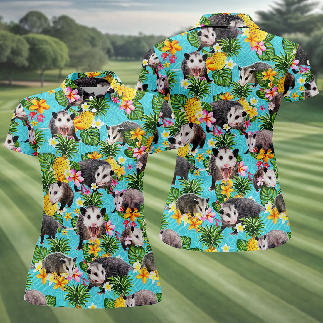 Funny Opossums Among Pineapples Pattern Hawaiian Golf Polo, Golf Tops For Women, Golfing Apparel