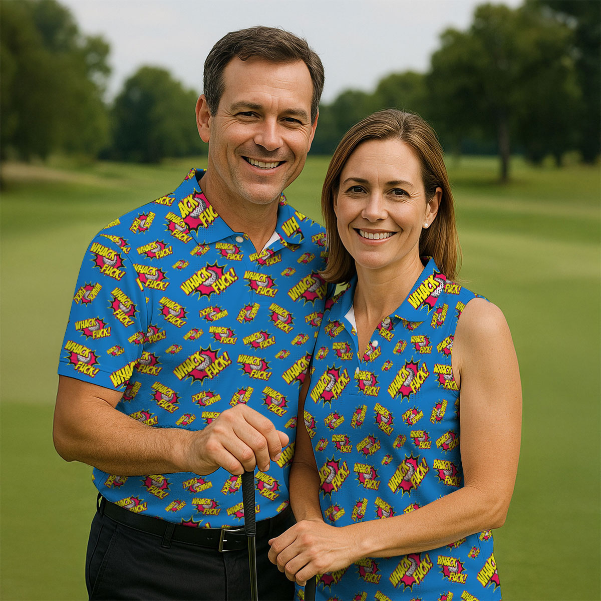 Whack F*ck Comic Golf Ball Pattern Golf Shirt, Men's Golf Shirt, Golf Apparel For Men