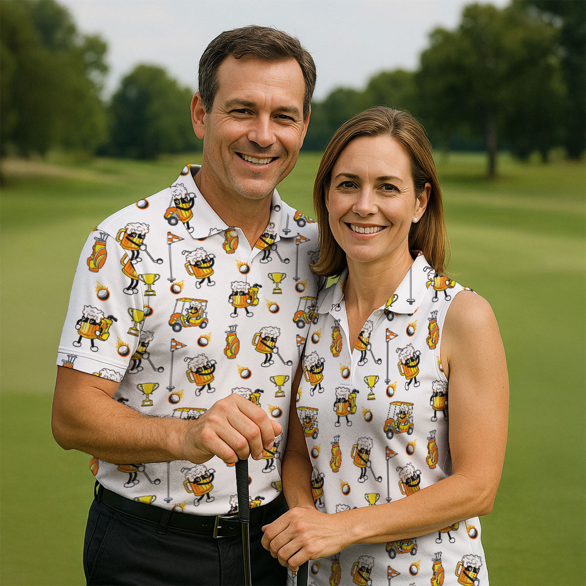 Funny Beer Mug Golfer Pattern Golf Polo Shirt, Mens Golf Polo, Golf Apparel For Men