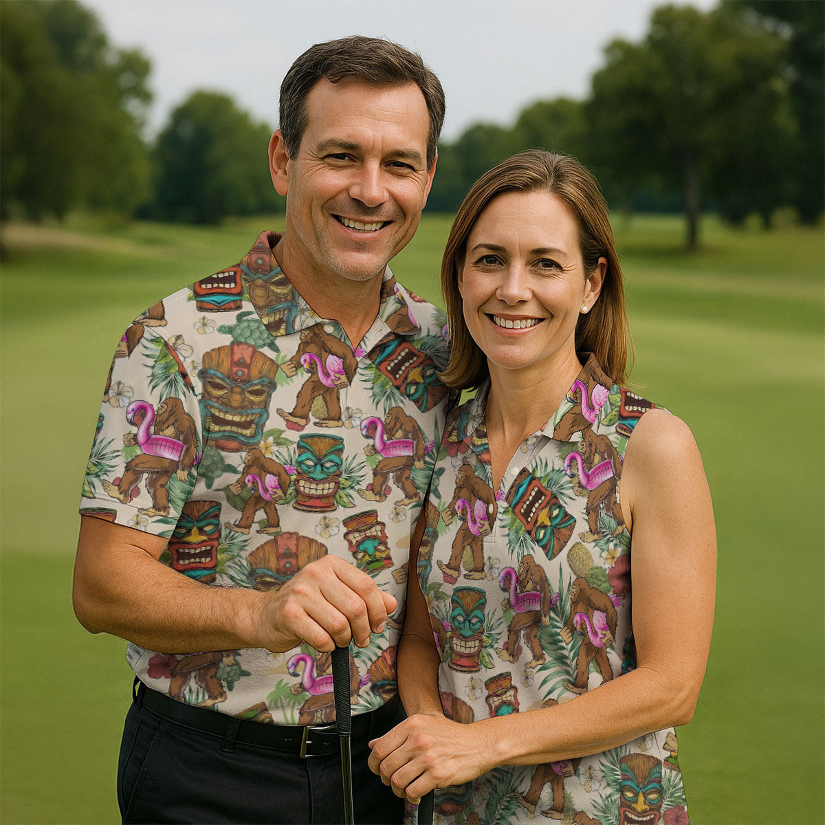 Tropical Bigfoot Adventure with Tiki Totems Design Hawaiian Golf Polo, Golf Tops For Men, Golfing Apparel