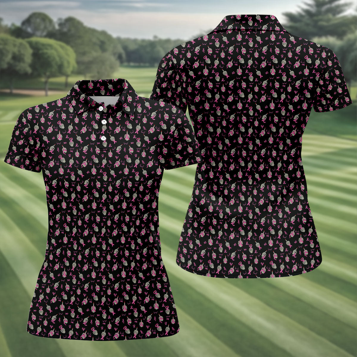 Skeleton Middle Finger Breast Cancer Polo Shirt, Women’s Golf Apparel, Ladies Golf Top