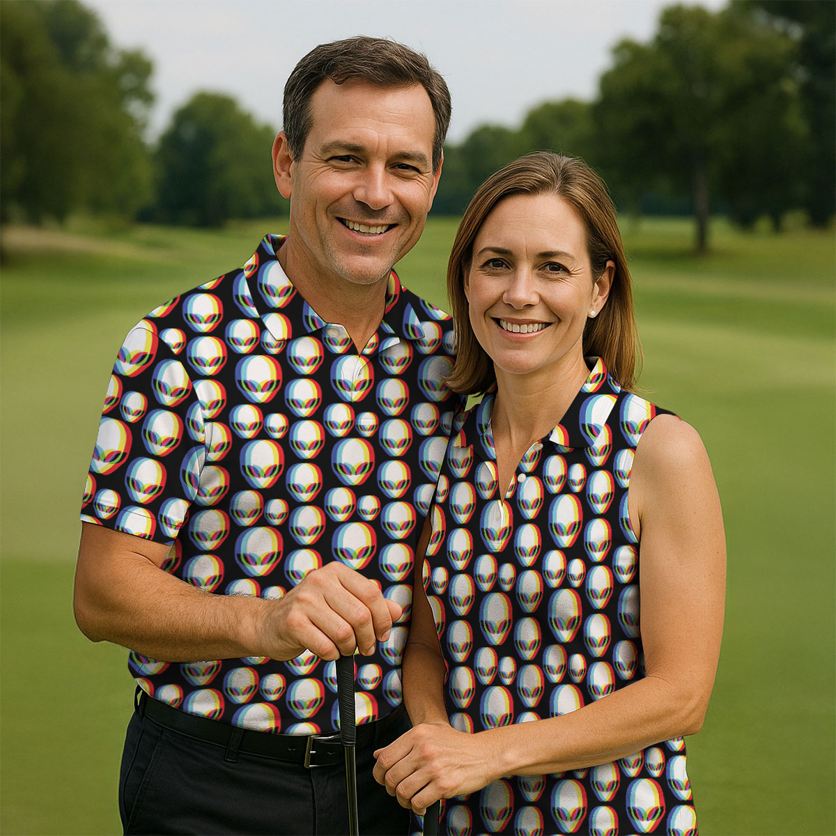 Retro Alien Head Pattern Golf Shirt, Men’s Golf Shirt, Golf Polo Shirts For Men
