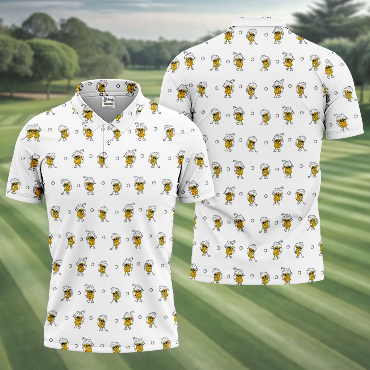 Cartoon Beer Mug Golfer Pattern Golf Polo Shirt, Polo Shirts For Men, Printed Golf Shirts