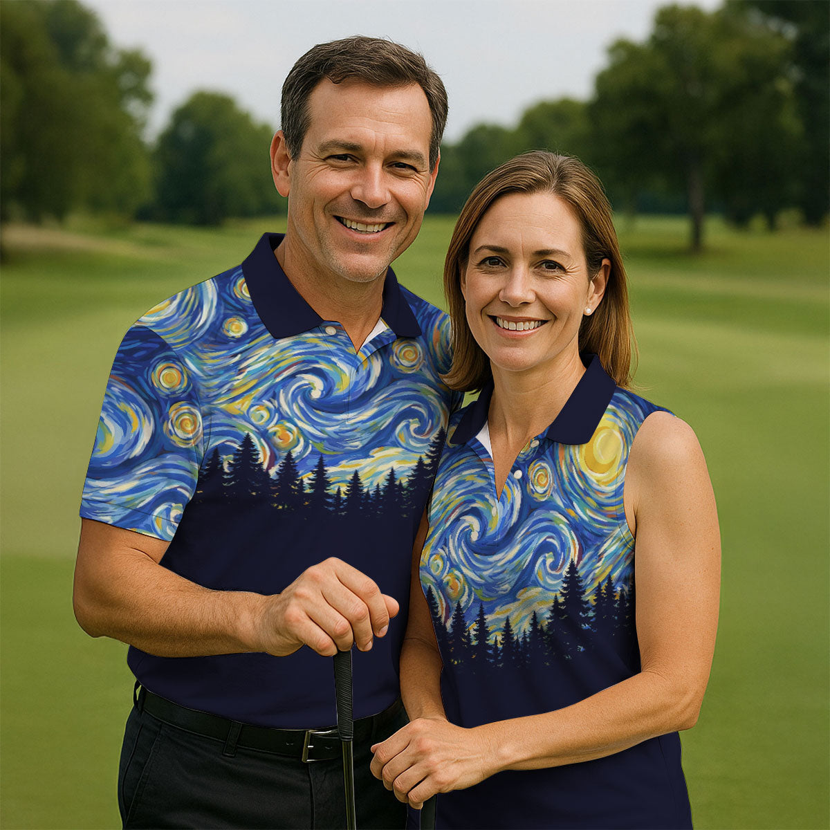 Van Gogh Inspired Starry Night Forest Hawaiian Golf Polo, Golf Tops For Men, Golfing Apparel