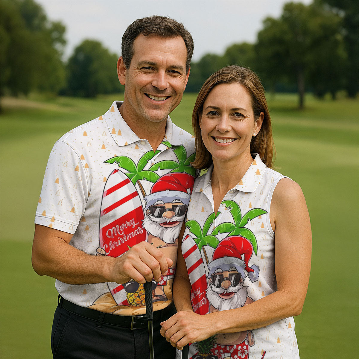 Men's Vacation Mode Santa Sufing Golf Shirt, Christmas Golf Shirt, Golf Apparel For Men