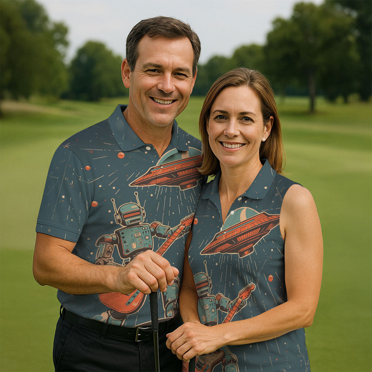 Robot UFO Sleeveless Golf Shirt, Cute Golf Outfit, Mens Polo Shirts, Golf Shirts For Men