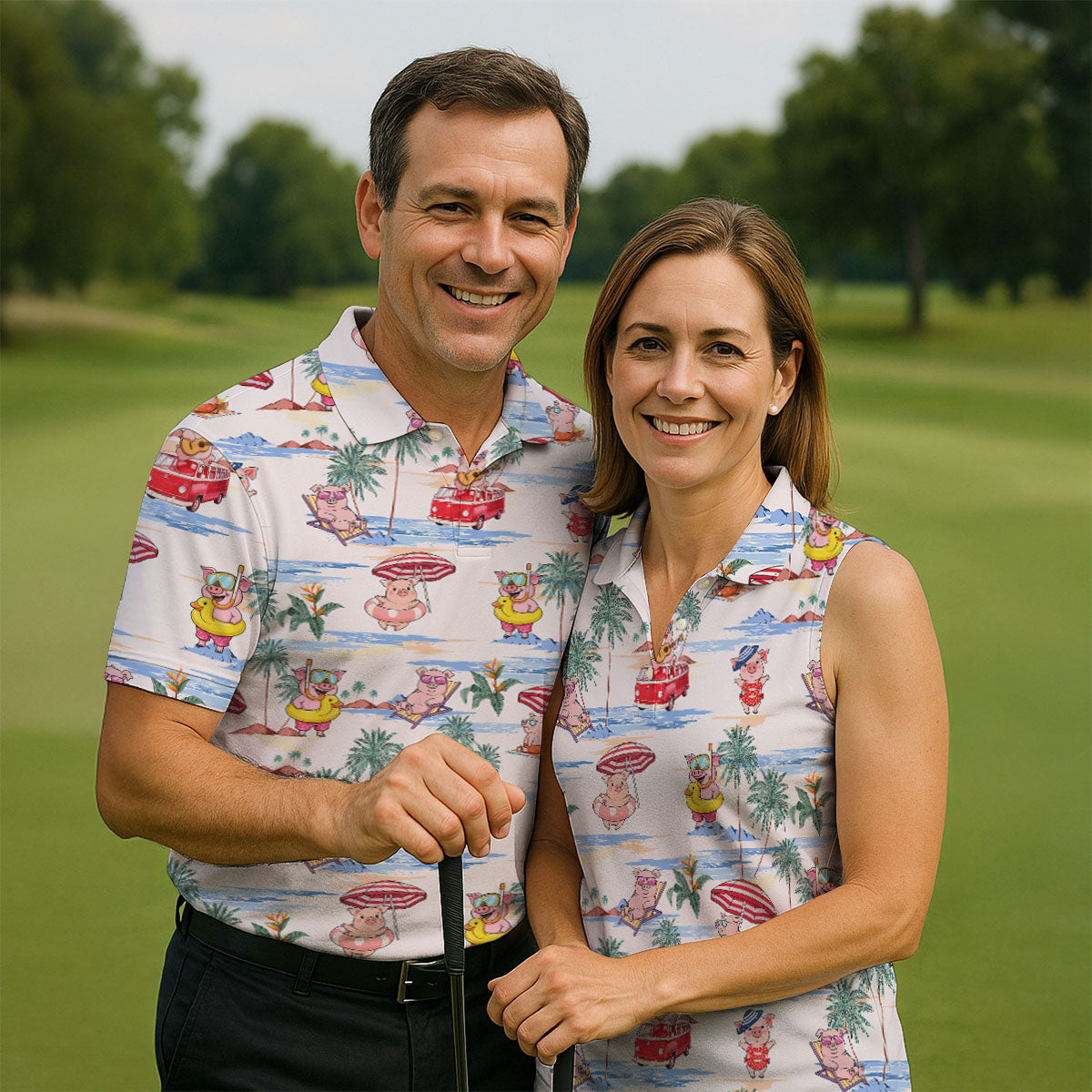 Cute Pig Beach Adventure Hawaiian Golf Polo, Golf Tops For Men, Golfing Apparel