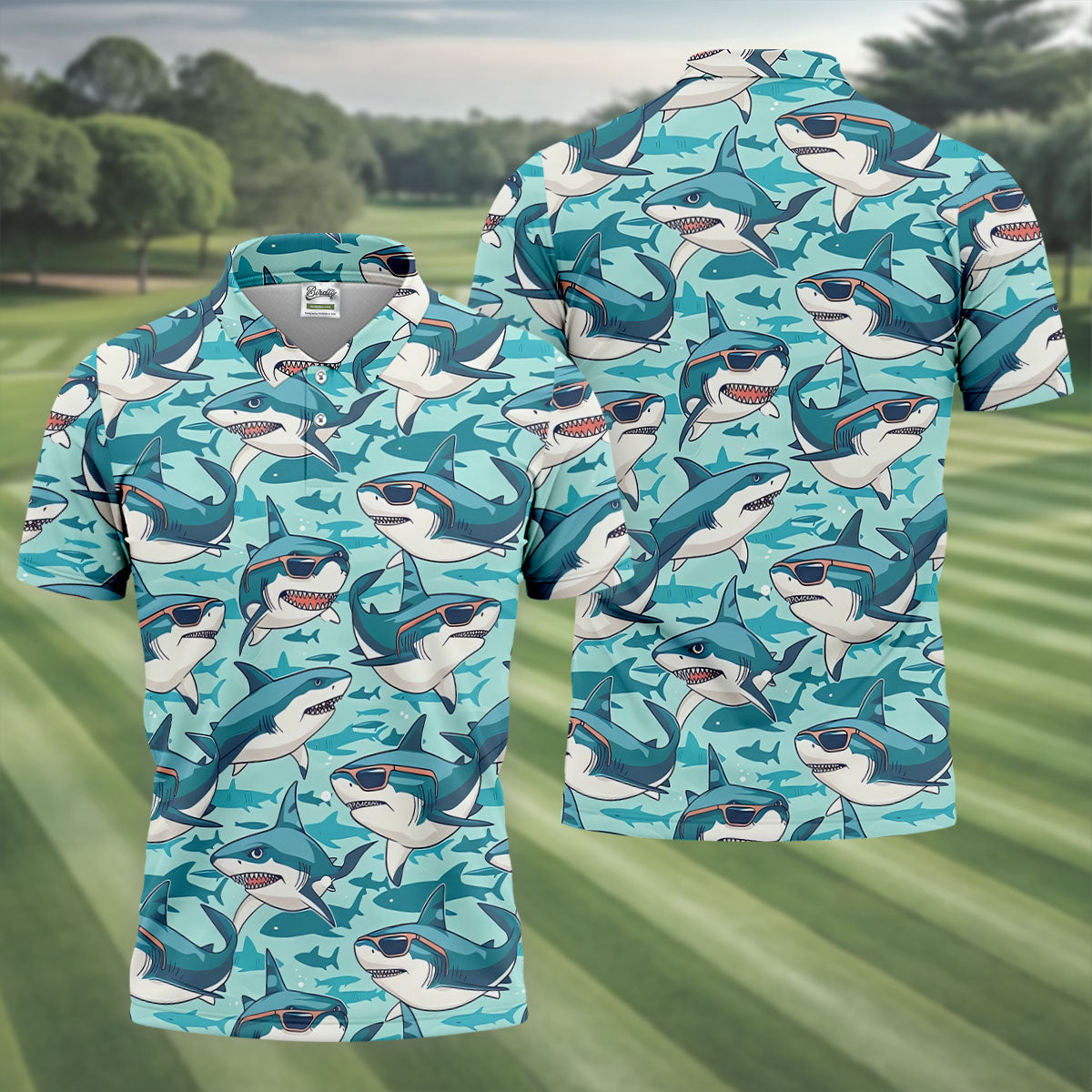 Animated Shark Hawaiian Golf Shirt, Men's Funny Golf Shirts, Golf Shirts For Men