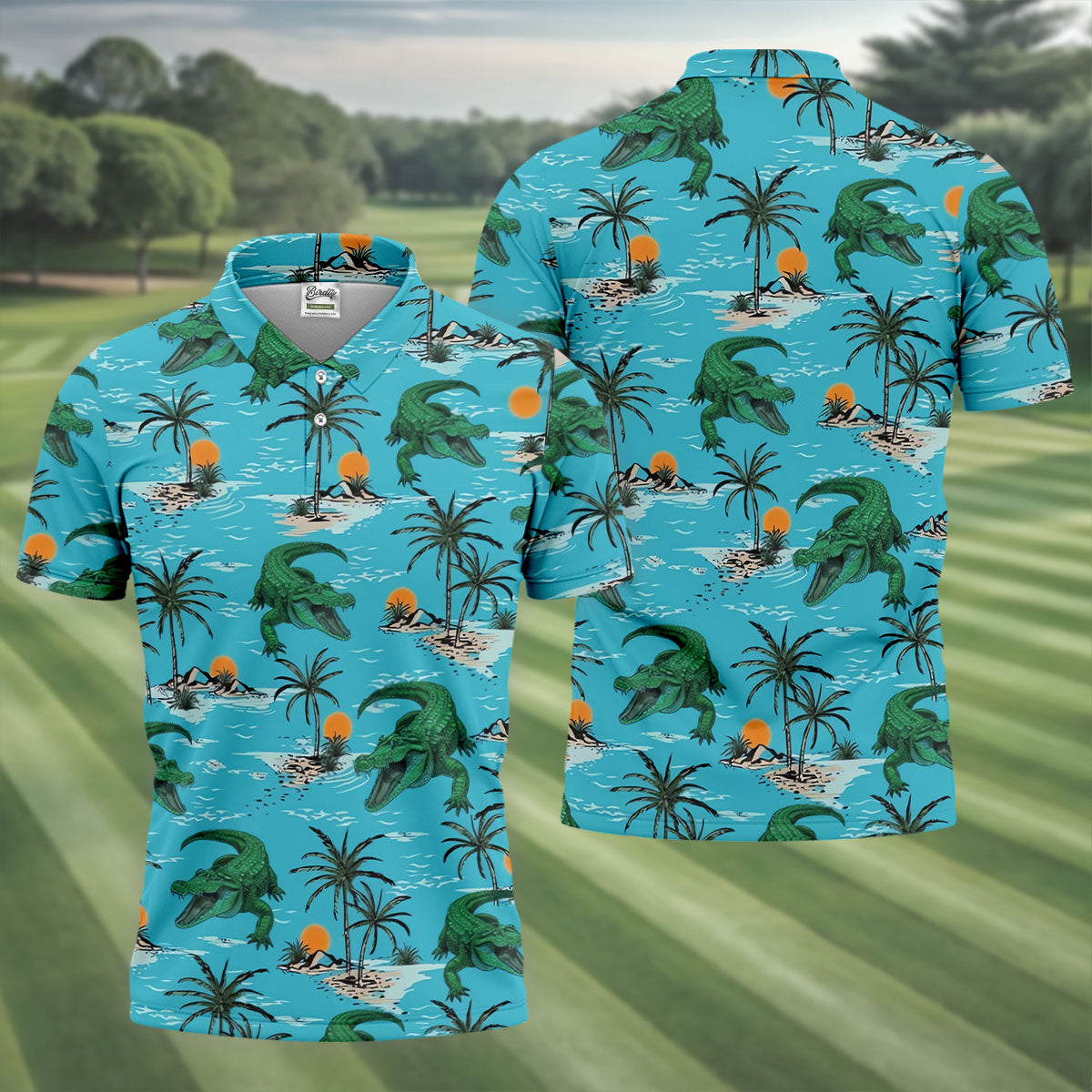 Tropical Alligators on Island Beaches Design Hawaiian Golf Polo, Golf Tops For Men, Golfing Apparel