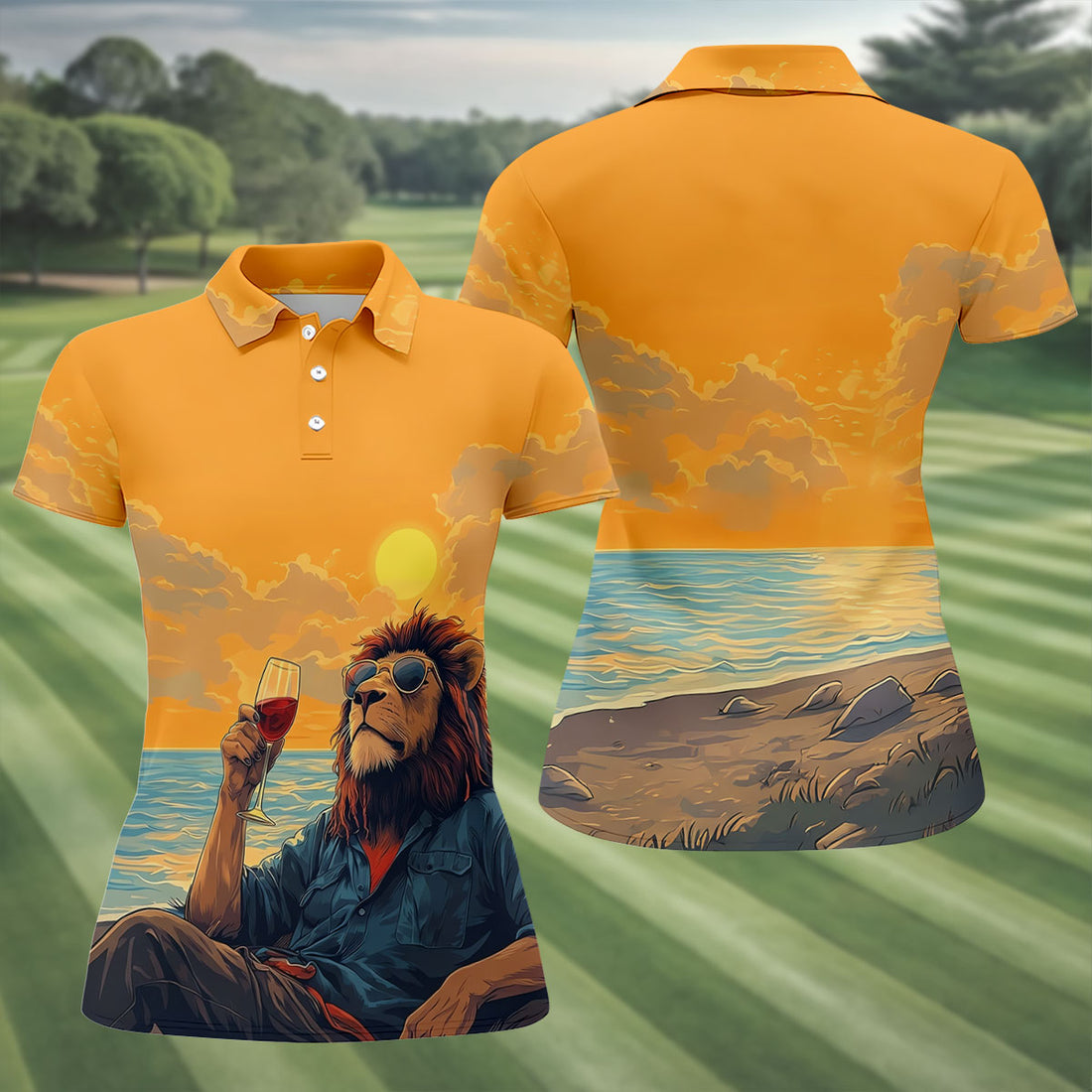 Lion Gentleman Sunset Reserve Hawaiian Golf Shirt, Women's Golf Tops, Ladies Golf Shirts