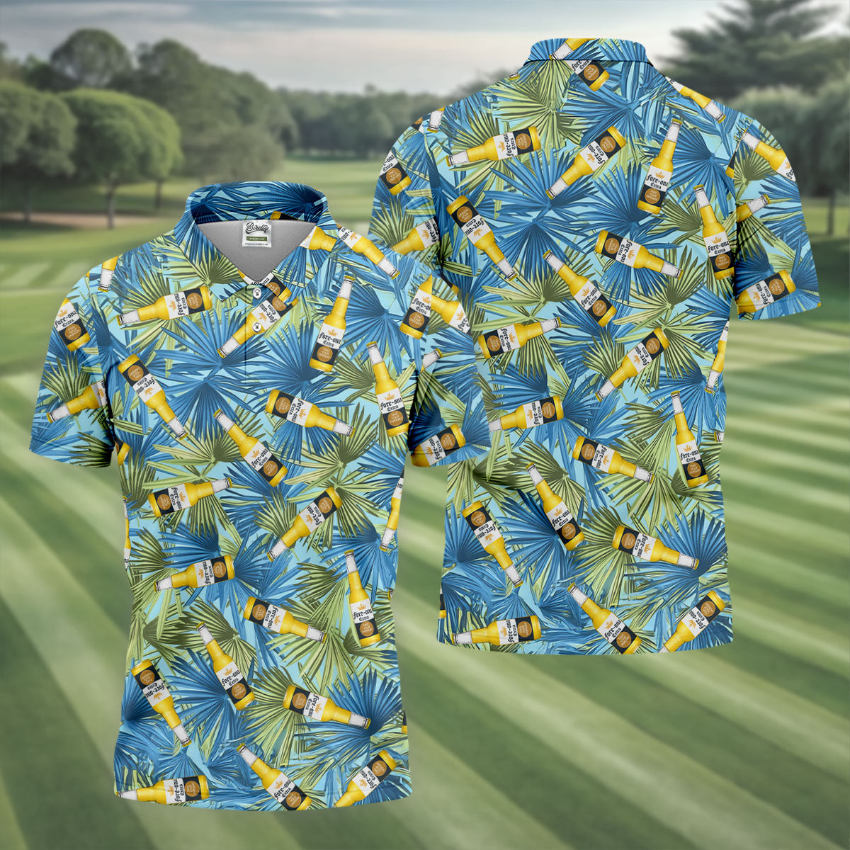 Funny Tropical Beer Bottle Pattern Golf Polo Shirt, Printed Golf Shirts, Mens Golf Apparel