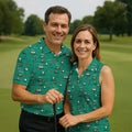 Funny Goose Golf Cart Pattern Green Polo Shirt, Womens Golf Tops, Golf Polo For Women