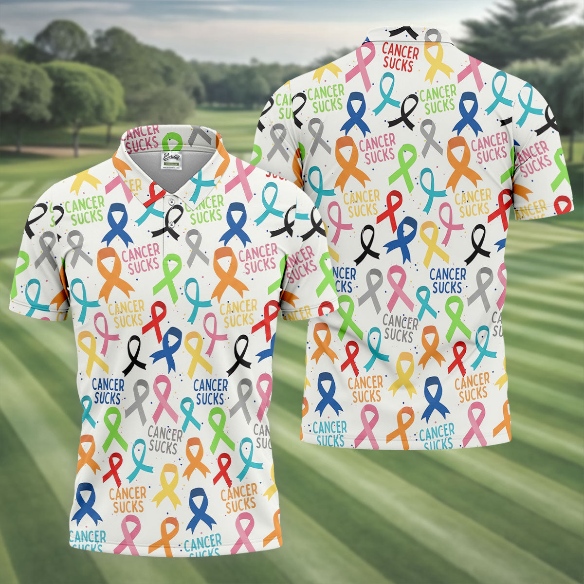 Cancer Sucks Multicolor Awareness Ribbon Polo Shirt, Mens Golf Polo, Printed Golf Shirts