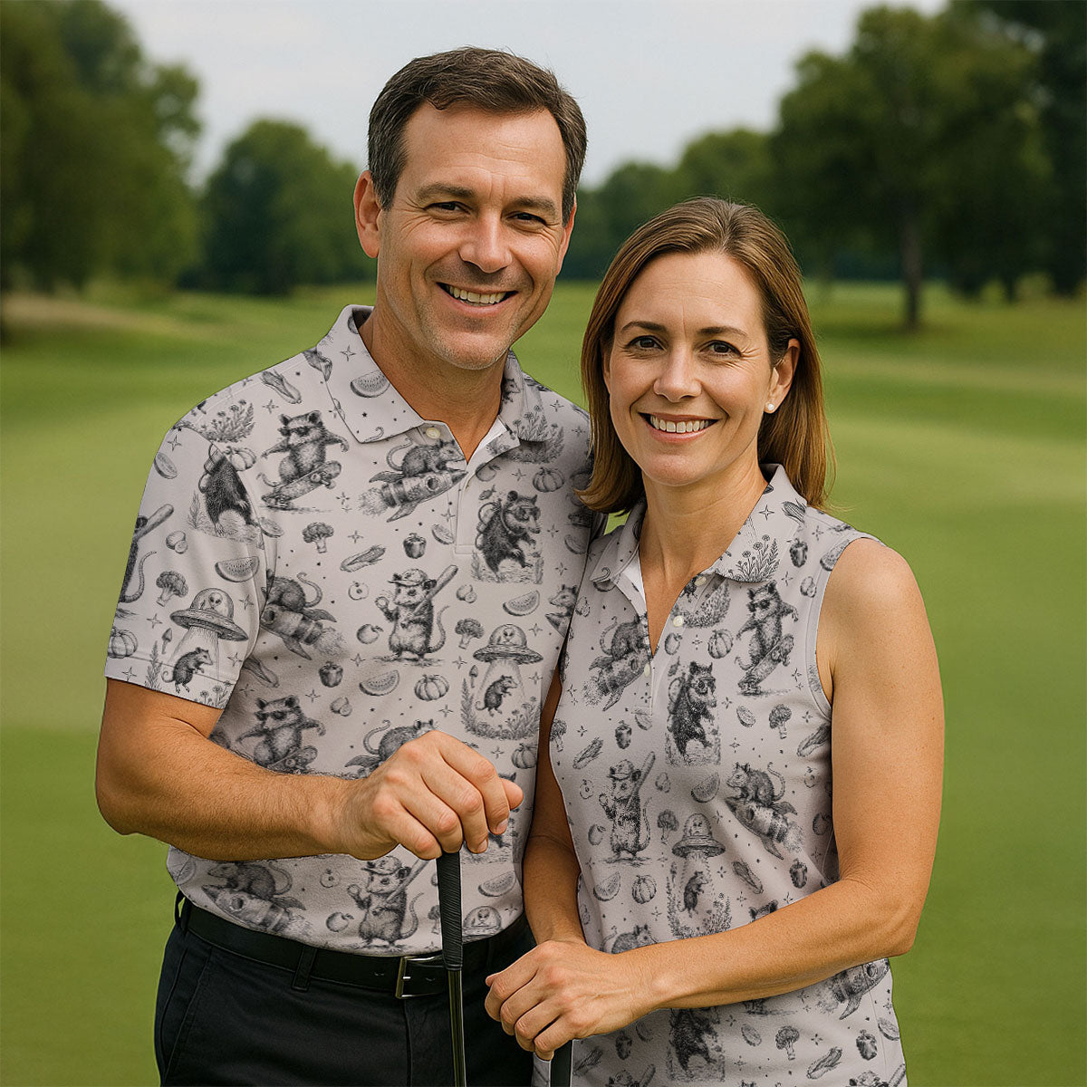 Mice and UFOs in a Fantasy Woodland Pattern Hawaiian Golf Polo, Golf Tops For Men, Golfing Apparel