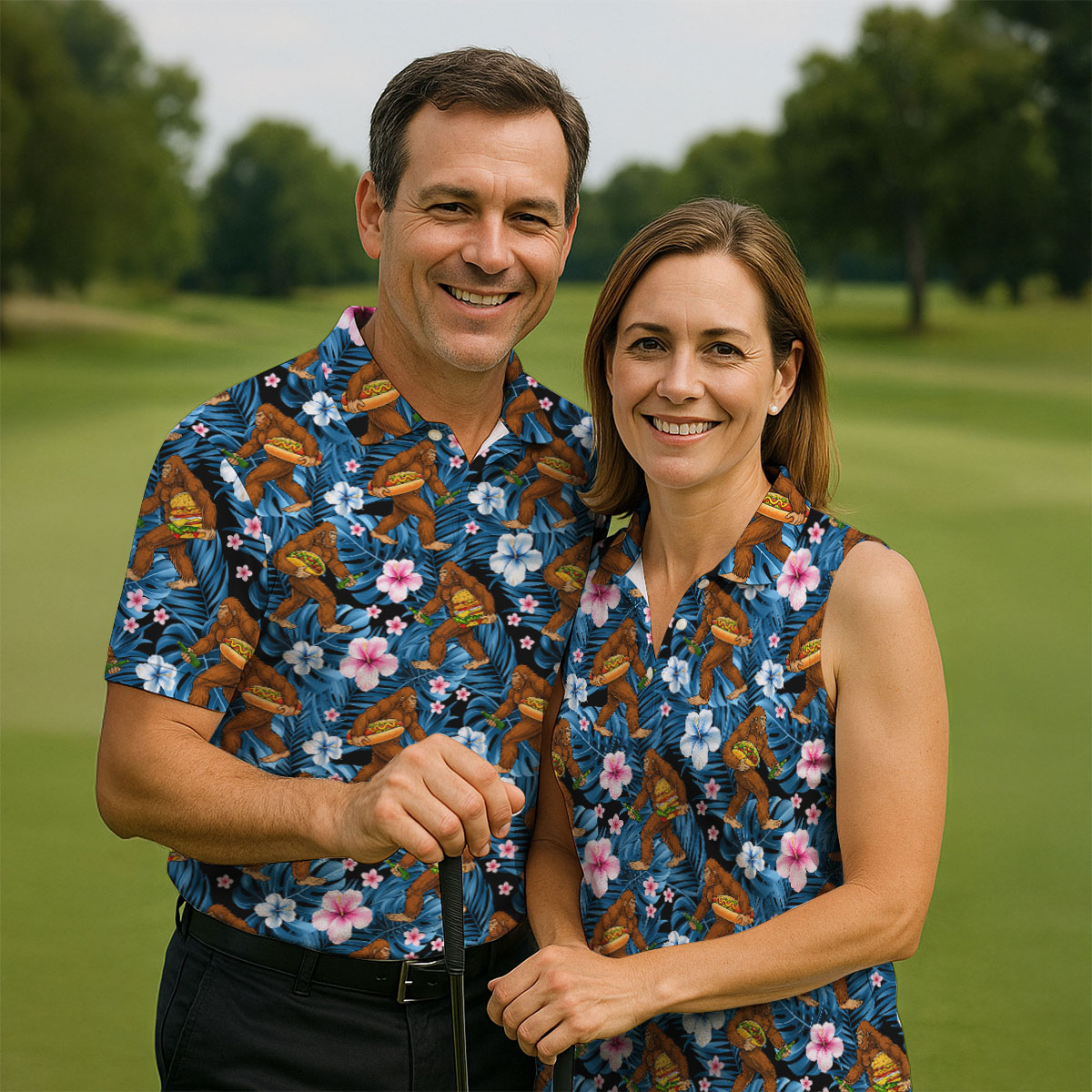 Tropical Bigfoot Burger Party Pattern Hawaiian Golf Polo, Golf Tops For Men, Golfing Apparel