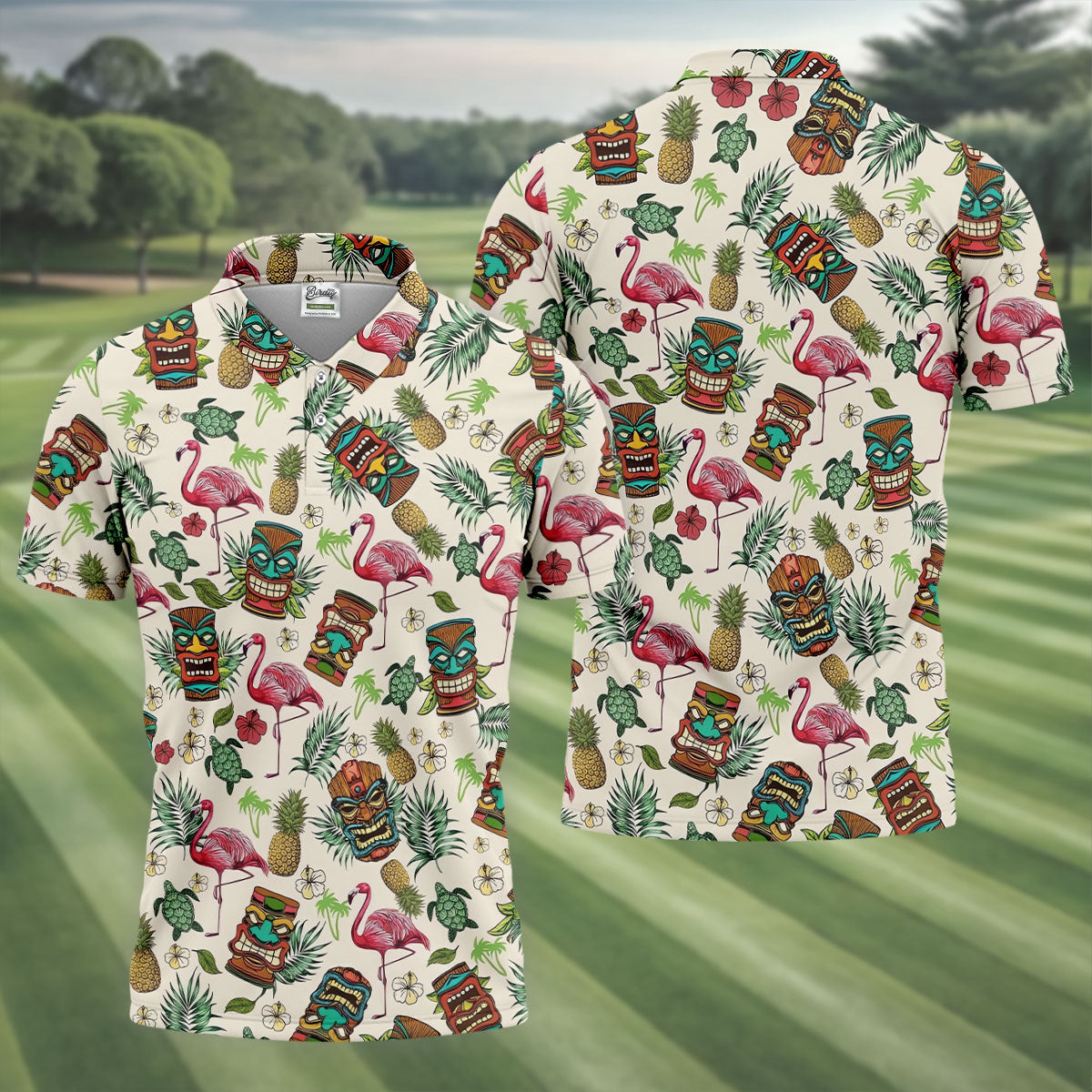 Tiki Masks, Flamingo and Island Paradise Pattern Design Hawaiian Golf Polo, Golf Tops For Men, Golfing Apparel