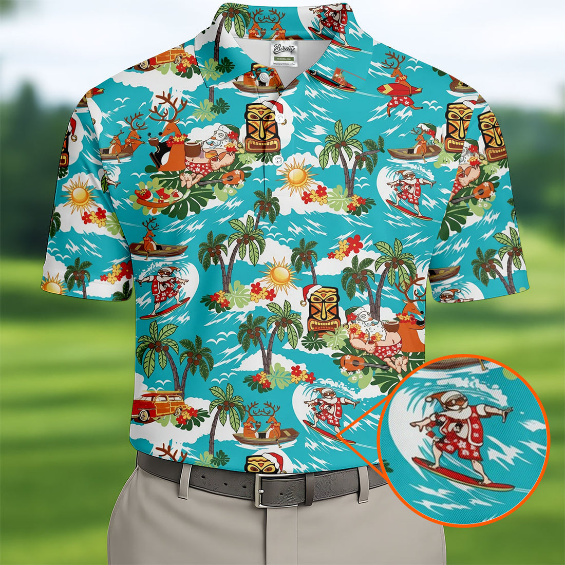 Men's Funny Surfing Santa Hawaiian Golf Shirt, Christmas Golf Shirt, Fun Golf Polo For Men