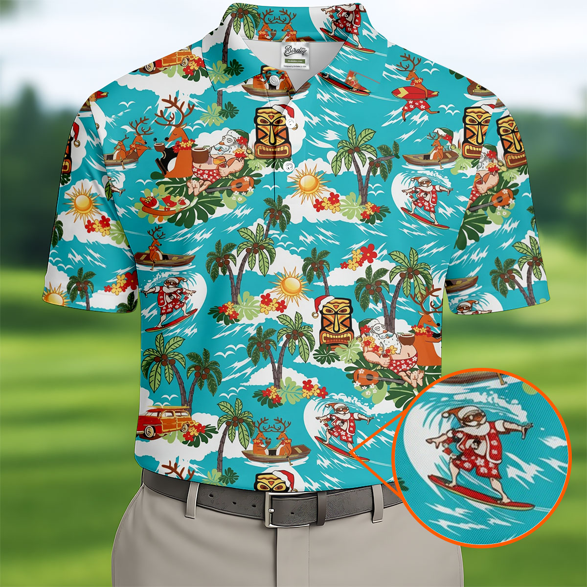 Men's Funny Surfing Santa Hawaiian Golf Shirt, Christmas Golf Shirt, Fun Golf Polo For Men